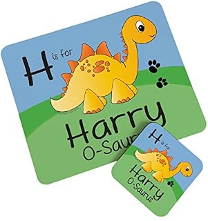 The Supreme Gift Company Personalised Yellow Stegosaurus Dinosaur Hard Wooden Glossy Placemat And Coaster, for Children