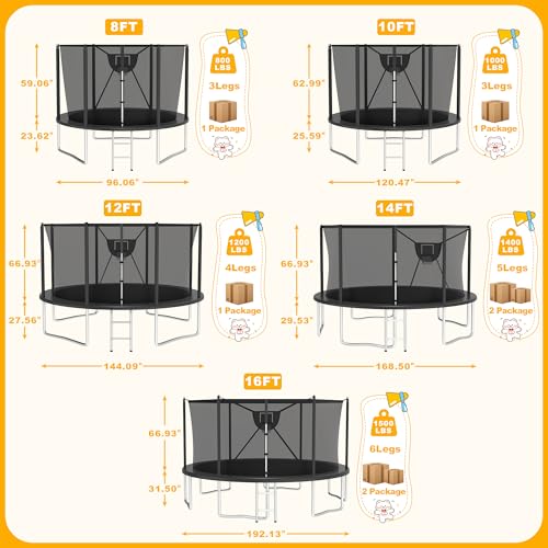 2025 Upgrade 1500LBS Outdoor Tranpoline for Kids and Adults 【Easy to Install & Built to Last】 10FT 12FT 14FT 16FT Recreational Tranpolines with Net, Basketball Hoop and Ladder, ASTM Approved