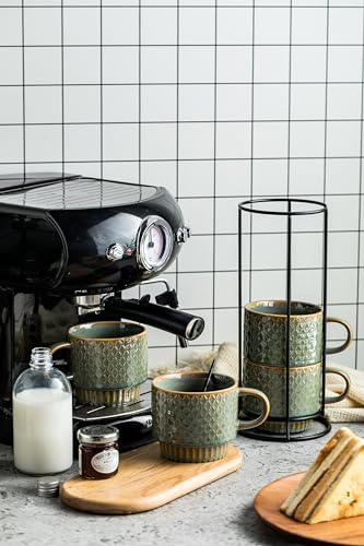 LYEOBOH Stackable Ceramic Coffee Mugs Set of 4 with Rack and Spoons - 13 Oz Stylish Cup Set in Blue and Green - Image 4