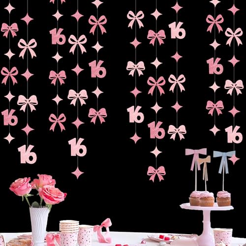 Image of Glitter Pink 16th Bow Birthday Decorations Hot Pink Conquette Bow Garland Streamer Banner Backdrop for Girls Boys Happy 16th Birthday Sweet Sixteen Cheers to 16 Years Old Anniversary Party Supplies