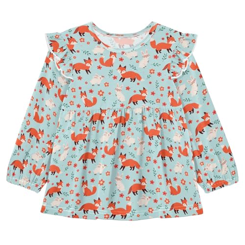Fox with Rabbit Flowers Girls Shirts Cotton Long Sleeve Ruffle Toddler Tee Tops