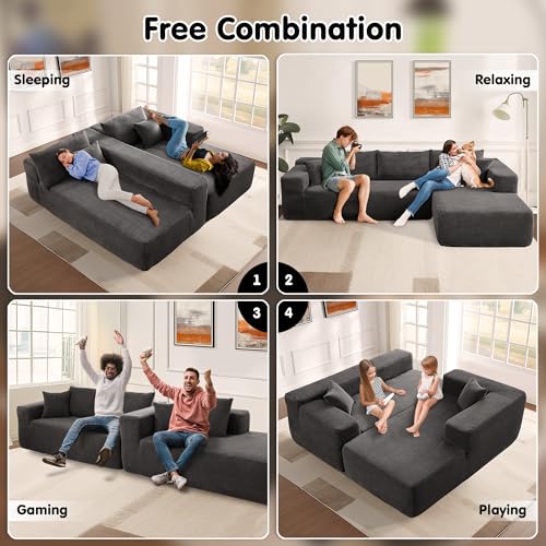 ovios 104" Cloud Sectional Couch with L-Shape Chaise,Modern Modular Sofa with Deep Seat, Upholstered Couches for Living Room Bedroom,No Assembly Required, Grey (Corduroy Fabric)