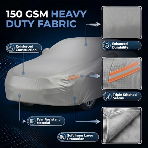 Image of Pivalo Car Cover for Tata Sierra All Model & Years with Mirror Pocket 100% Waterproof Triple Stitched Bottom Elastic Dust, Heat & UV Resistant Full Body Protection (Grey with Highlighter)