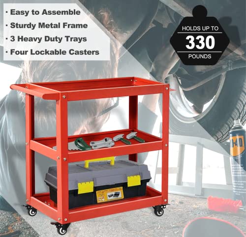 Brljuneo Tool Cart On Wheels, 3 Tier Rolling Mechanic Tool Cart, Heavy Duty Steel Utility Cart W/Lockable Wheels, 330 Lbs Capacity Industrial Service Cart For Garage, Warehouse, Workshop (Red) #TOP1