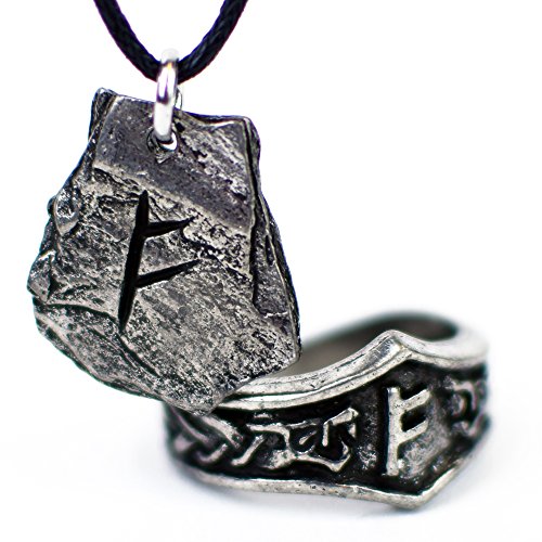 Asgard El estaño de Viking Rune Colgante y emparejando el anillo ajustable Runic regalo Set F Fehu para