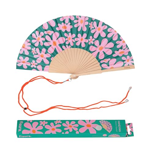 Fisura Holzfächer mit Retro-Blumenmuster. Stilvolles farbenfrohes Accessoire tragbarer rosa-grüner Handfächer mit praktischem Aufhänger. Maße: 42 5 x 23 cm