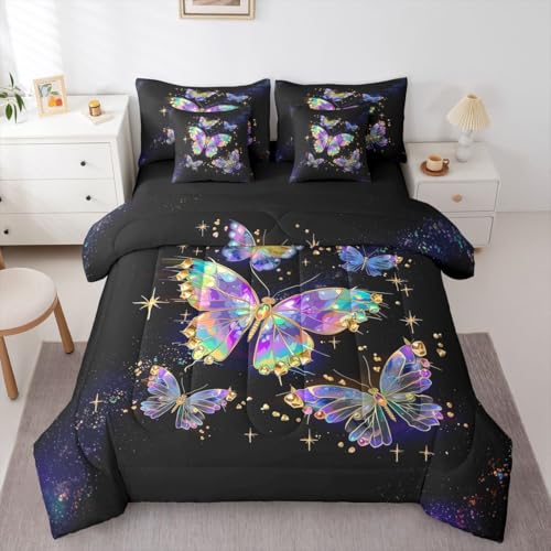 Image of Flying Butterflies 7 Pieces Bedding Set King Size,Starry Sky Galaxy Bed in a Bag,Colorful Rainbow Butterflies Bed Set Includes Comforter,Sheet Set,Pillowcases & Pillow Covers,Wildlife Bedroom Decor