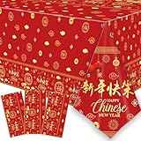 3 Pieces Chinese New Year Tablecloth - 54x108 Inches Disposable Red and Gold Plastic Table Cover with Lanterns, Firecrackers Print for Lunar New Year Party Supplies, Spring Festival Decorations