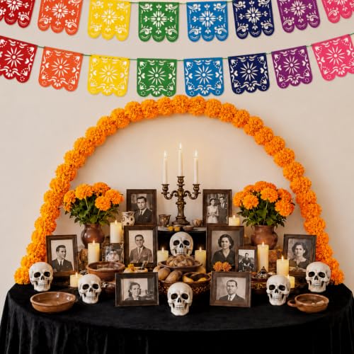 Geelin 67 Pcs Día De Los Muertos Decorations Kit Day of The Dead Altar Decor Set with Black Flannel Backdrop Papel Picado Banner Marigold Flowers Skull Decor for Halloween Mexican Home