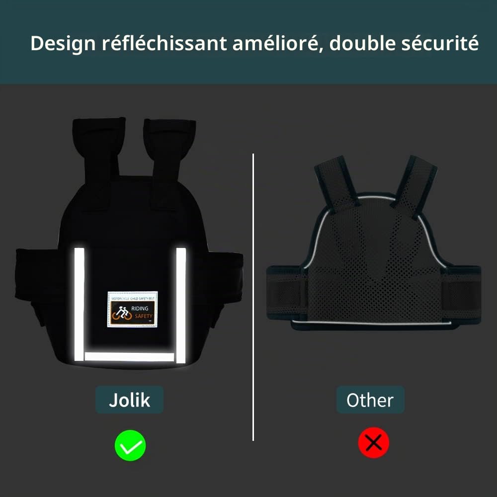 Jolik Harnais Securite Enfant Moto Réglable Ceinture Moto Enfant Poche Matériau Respirant Réfléchissant Noir