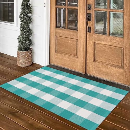 Fallovea Spring Rugs Green and White Plaid, 28” x 43” Area Rug Outdoor Indoor Easter Front Porch Door Mats Cotton Hand-Woven Layered Doormat for Entryway Patio Entryway Laundry Bedroom Living Room