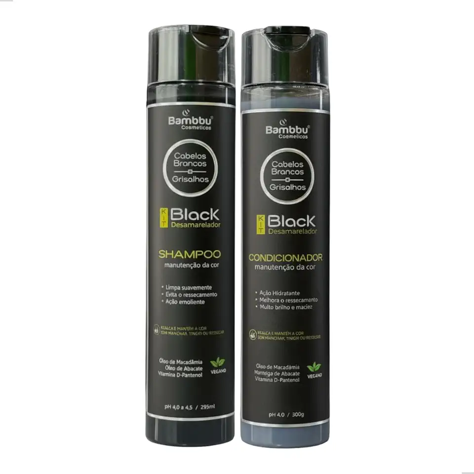 Kit Shampoo 295ml Condicionador 300g Cabelos Brancos e Grisalhos Liso Ondulado Black Desamarelador Bambbu Cosméticos