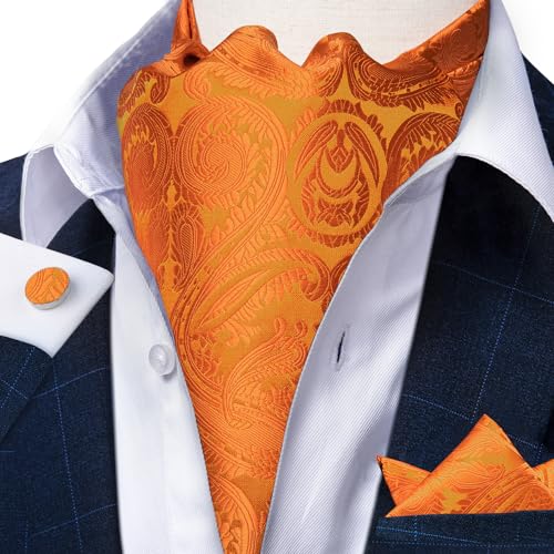 Image of DiBanGu Mens Silk Ascot Ties Paisley Jacquard Woven Cravat and Pocket Square Cufflinks with Lapel Pin for Business Wedding