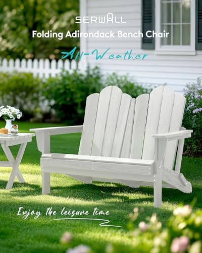 Image of SERWALL Folding Adirondack Bench Set of 2, HDPE All-Weather Adirondack Loveseat, Folding Outdoor Bench, White