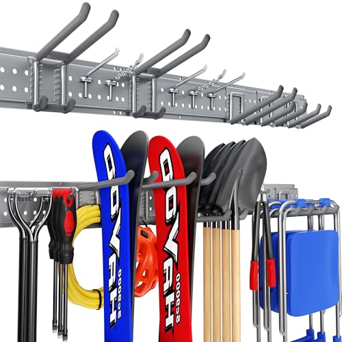 ZICANYCO Garage Tool Organizer Wall Mount 48 inches with 10 Adjustable Heavy-Duty Hooks, Garage Organization, Garden Tool Storage Rack, Yard, and Shed, Holds Up to 400 lbs (Grey)