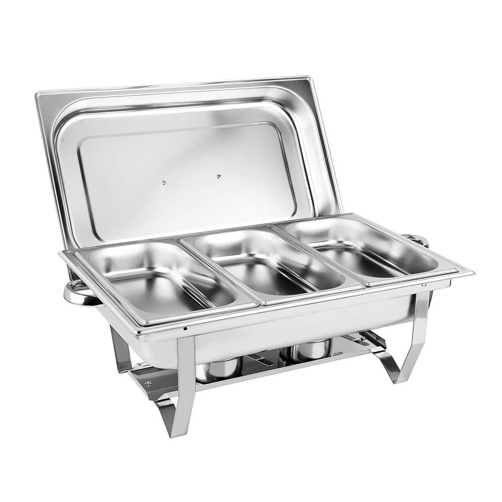 Chafer Taca cateringowa z uchwytami na paliwo, 9 l, podgrzewacz do żywności z pokrywką, składana stal nierdzewna, 3 patelnie na żywność, na imprezę bufetową, catering
