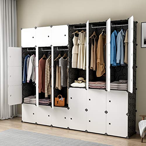 KOUSI Portable Wardrobe Closets 14\"x18\" Depth Cube Storage, Bedroom Armoire, Storage Organizer with Doors, 30 Cubes, Black