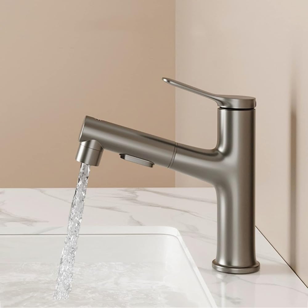 Robinet de lavabo haut extractible gris avec mitigeur 3 modes pour évier