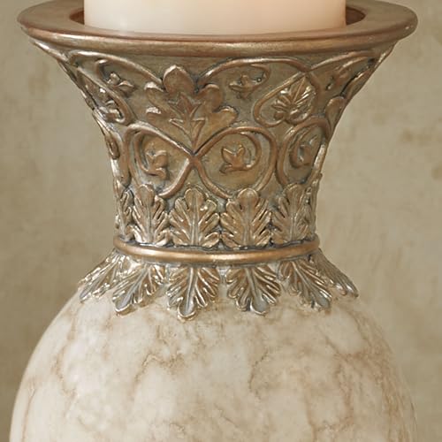 Cambria Faux Marble Candleholder Set of Two | Handpainted Neutral Ivory/Beige & Champagne Gold | Traditional Scrollwork and Acanthus Leaves | Classic Candle Holders 2-pc Set Holds Your Pillar Candles
