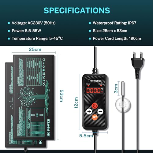 HG Power Heizmatte mit Thermostat - 2 Heizmatten mit 1 Controller, Heizmatte Pflanzen Wärmematte für Zimmergewächshaus, Gewächshaus Heizmatte mit Temperaturregler,2er-Pack 53 cm x 25 cm, 110Watt