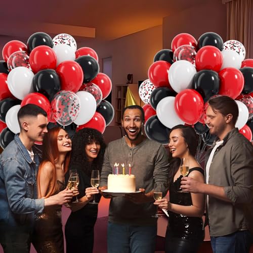 Image of 60pcs Red and Black Balloons 12inch, Red Black and White Balloons with Confetti Balloon for Wedding Graduation New Year Eve Birthday Party Decorations