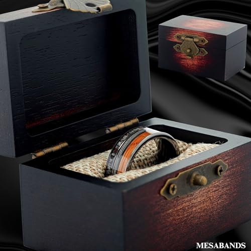 Men's Wedding Ring 8mm Black Hammered Tungsten Dinosaur Bones & Meteorite Inlay – Comfort Fit Mens Wedding Band with Antique Wooden Ring Box3