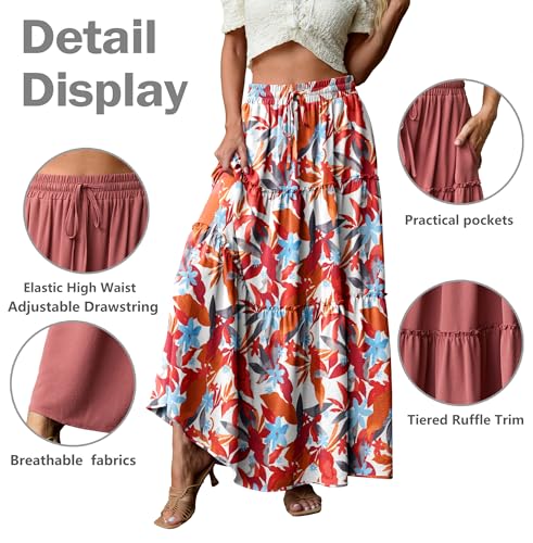 Image of Lepunuo Womens Casual Boho High Waisted Flowy Maxi Skirts Tiered Floral Long Skirts with Pockets for Summer Beach Vacation