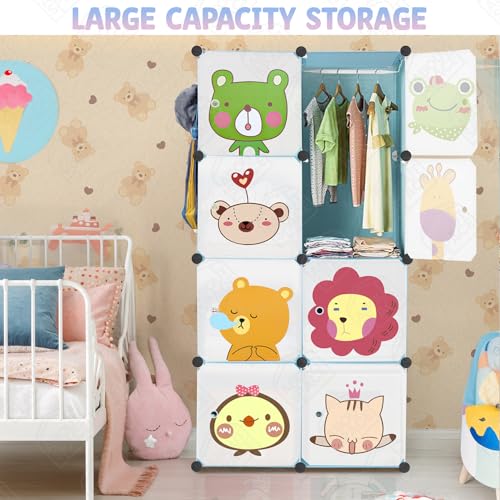 Image of ABOUT SPACE Plastic Kids Wardrobe - DIY 8 Cube Kids Almirah with Cartoon Door, Side Hanger, Cloth Hanger, Door Magnet & Hamer - Collapsible Organizer| Storage for Baby Clothes Boys Girls - Blue