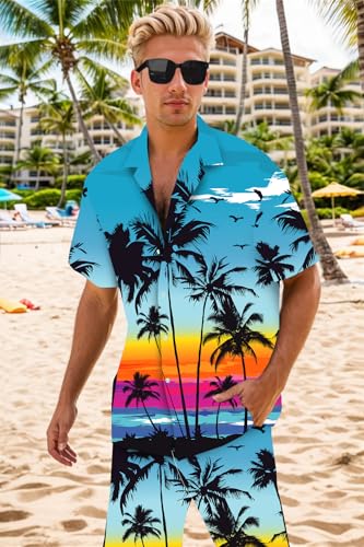 Image of Cromoncent Boy and Men Hawaiian Outfits Short Sleeve Shirts and Shorts Hawaiian Suits Beach Tropical 2 Pcs Vacation Sets