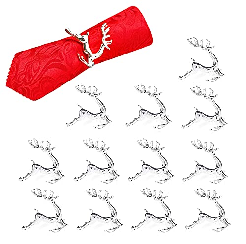 Juego de 12 servilleteros de Navidad Ciervo Alce, Anillos de servilleta Plateados para acción de Gracias, Navidad, Año Nuevo Cover