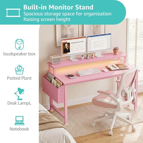 Image of Lufeiya Small Girls Desk with Power Outlets and LED Lights, 32 Inch Gaming Desk Table with Charging Station, Home Office Computer Desks with Monitor, Pink