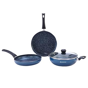 Wonderchef Sigma Non-Stick 4-piece Cookware Set | Kadhai with Lid, Dosa Tawa, Fry Pan | Induction Bottom | Cool Touch Bakelite Handles | Virgin Aluminium | PFOA Free | 2 Years Warranty | Midnight Blue