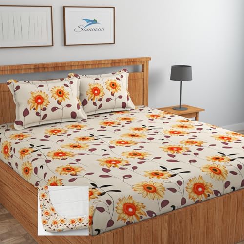 Image of 202 TC Cotton Feel All Around Elastic Fitted Bedsheet, Elastic Fitted Bedsheet King Size Bedsheet for Double Bed with 2 Pillow Covers, Size - 72 x 78 x 8 Inch Color White