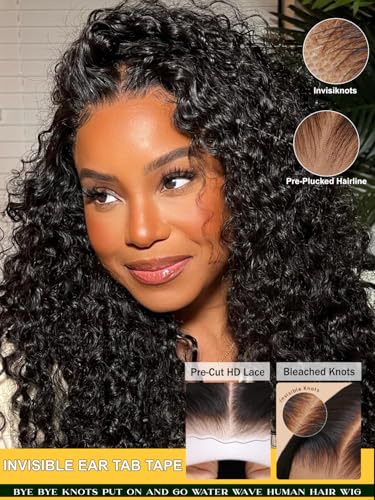 Image of Sunber Water Wave Bye Bye Knots Glueless Human Hair Wig 7x5 HD Lace 16inch | Pre Cut Lace Front Wig Pre Plucked Pre Bleached Knots Drawstring Wear and Go Wig with 4C Edges Ready to Go for Women