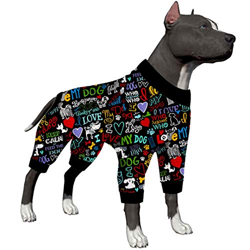 LovinPet Large Pajamas/Post Surgery Shirt/UV Protection/Love My Dog Words Black Prints/Post Surgery Shirt/UV Protection, Pet Anxiety Relief, Wound Care for Large Dog Onesies