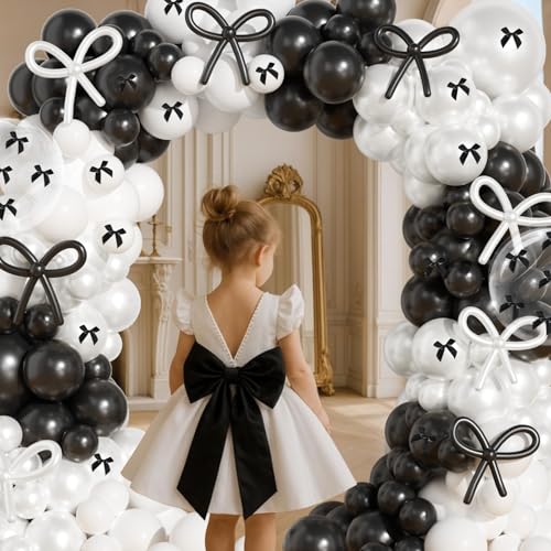 Image of Black and White Balloon Arch Kit, JOGAMS 199Pcs Bow Balloon Arch Kit with 260 Clear Pearl White Balloons Ribbon Bow for Coquette Bow Theme Birthday Bachelorette Baby Shower Bridal Shower Wedding