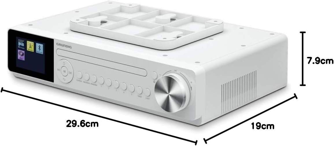 Dimensions of Grundig GKR1020 DKR 2000 BT Kitchen Radio: 29.6cm length, 19cm width, 7.9cm height
