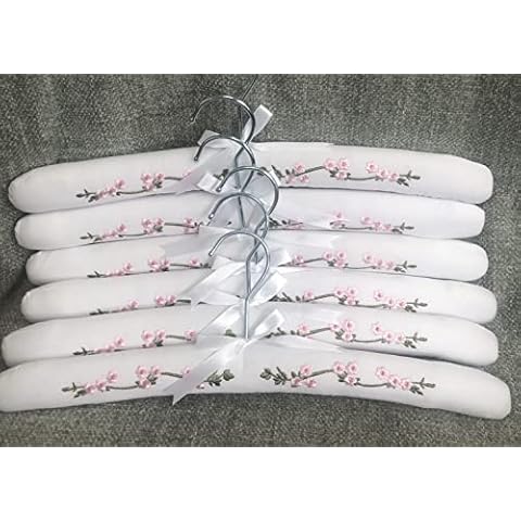 Padded Coat Hangers ~ Luxury Padded Cotton Clothes Hangers with Delicate Pink Embroidery Detail ~ (6) Cover