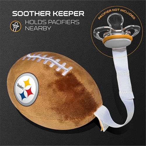 Image of Pittsburgh Steelers Plush Football Pacifier Holder by Smilo - Officially Licensed NFL Soother Holder - Soft Plush Toy and Dummy Holder - Fits Any Pacifier - Stroller Accessory & Newborn Essential