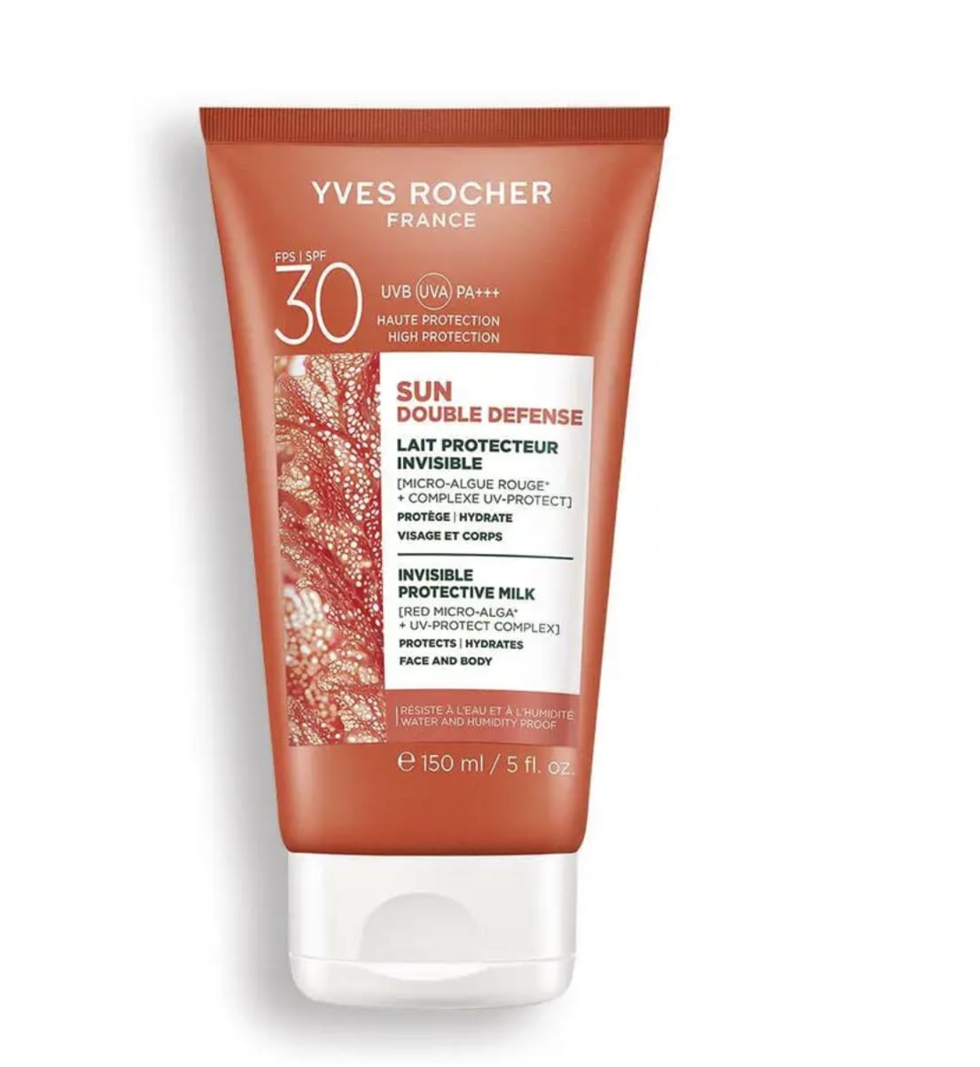 Yves Rocher Sun Double Defense 30 Moisturizing Sun Care Milk Set of 2 Face Body Lightweight Hydrating Lotion Water Resistant Summer Skin Care with Red Microalgae Extract 150 ml/5.07flOz