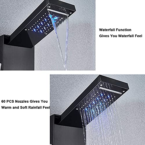 Yagatap Shower Panel System Led Rainfall Waterfall Shower Head Rain Massage System With Body Jets Shower Tower Stainless Steel Bathroom 6-Function Shower Faucet Wall-Mount Complete Shower Column,Black #TOP6