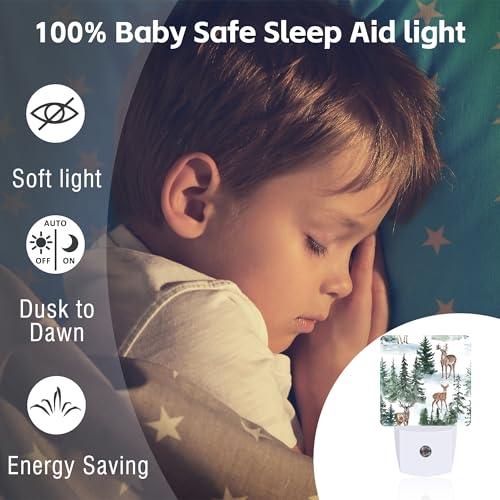 Image of Winter Deer and Snowy Forest Night Light for Kids,Christmas Pine Trees Deer Night Light Plug in with Dusk to Dawn Sensor,0.5w Energy Saving Nightlight for Hallway Stairway Kitchen Bedroom