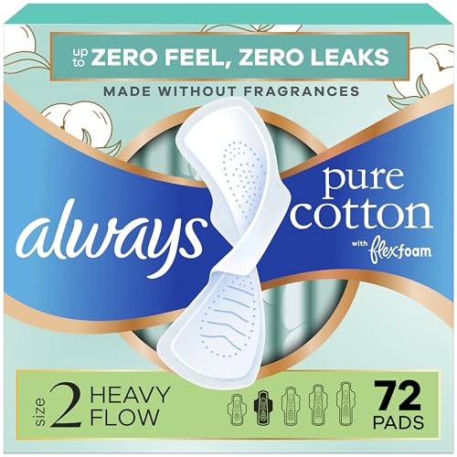 Always Pure Cotton Feminine Pads for Women, FlexFoam Pads with Wings, Size 2, Heavy Absorbency,...