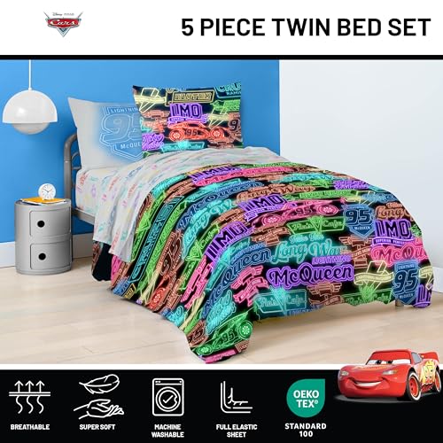 Image of Disney Pixar Cars McQueen Twin Comforter Set 5 Piece Kids Bedding, Black | Neon Racecar, Bed in a Bag, Comforter Sheets Sham Pillowcase, Official Product, Soft Microfiber, Machine Washable, Boys Gift