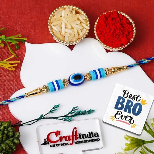 Image of eCraftIndia Evil Eye Rakhi for Brother With Gift Combo Set Hamper | Single Raksha Bandhan Rakhi for Bhai Bhaiya Bhabhi Kids Boy | Best Bro Ever Fridge Magnet | Roli Chawal Pack