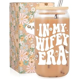 Fairy’s Gift Wifey Era Cup, Wedding, Bride Gifts for Her, Bridal Shower, Engagement Gifts for Women, Couples, 16 oz Coffee Glass Cups w/Lids Straws, Bachelorette Presents for Bride to be, Future Mrs