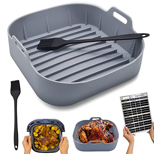 FRYUP Molde Silicona Freidora Aire Cuadrada - Accesorios Freidora sin Aceite - Freidoras 4.7L, 5.5L y 6.4L - Pincel de Regalo - Accesorios Airfryer - Olla, Recipiente, Bandeja, Utensilios - 20x20cm