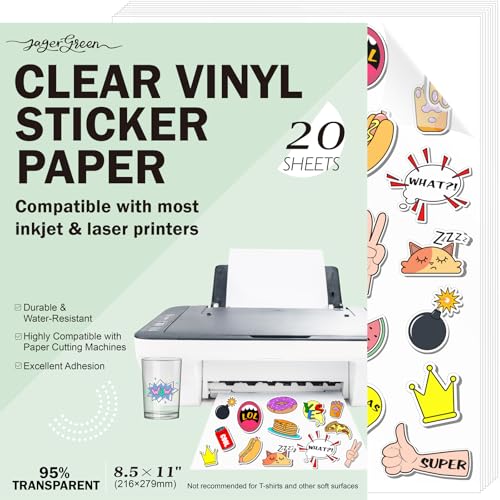 JAGERGREEN 20 Blatt Transparentes Sticker Papier zum Bedrucken A4 (216x279mm), Selbstklebende Aufkleberfolie für Laser & Tintenstrahldrucker, Wasserfest, für DIY-Projekte, Fotoaufkleber, Etiketten