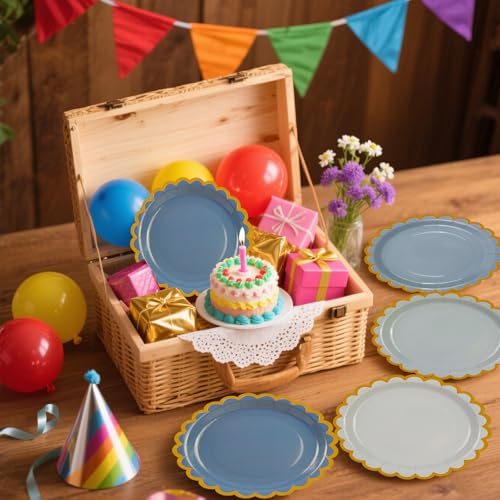 DHAIQC 48PCS Blau Pappteller 18cm, Farbverlauf Blau Partyteller mit Gewellter Goldrand Einwegteller Dessertteller Kuchenteller für Geburtstag Hochzeiten Jubiläums