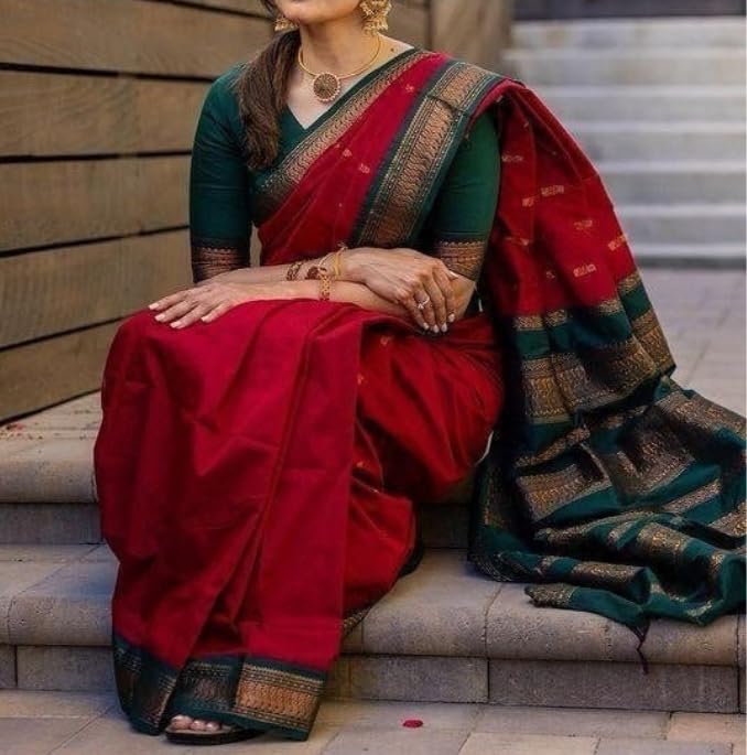 Image of Pure Kalyani Cotton Saree | Zari Border & Blouse Piece - Lata Gadwal Design | Traditional Saree